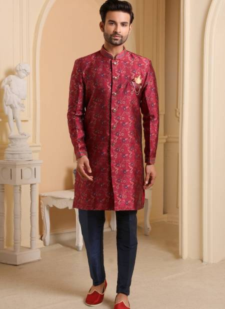 Maroon Heavy Jacquard Silk Digital Print Wedding Wear Indo Western Mens Collection 9249